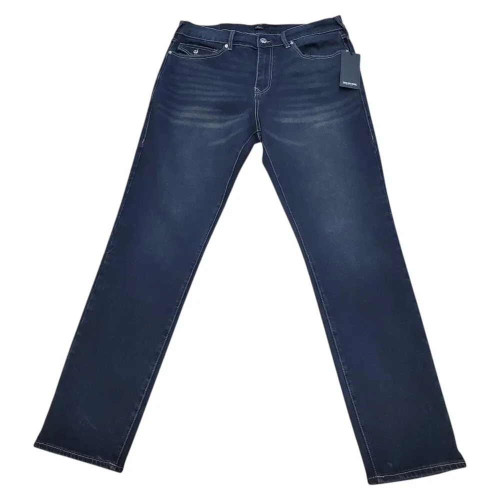 NEW TRUE RELIGION Men's Geno Relaxed Slim Distressed Dark Wash Blue Jeans